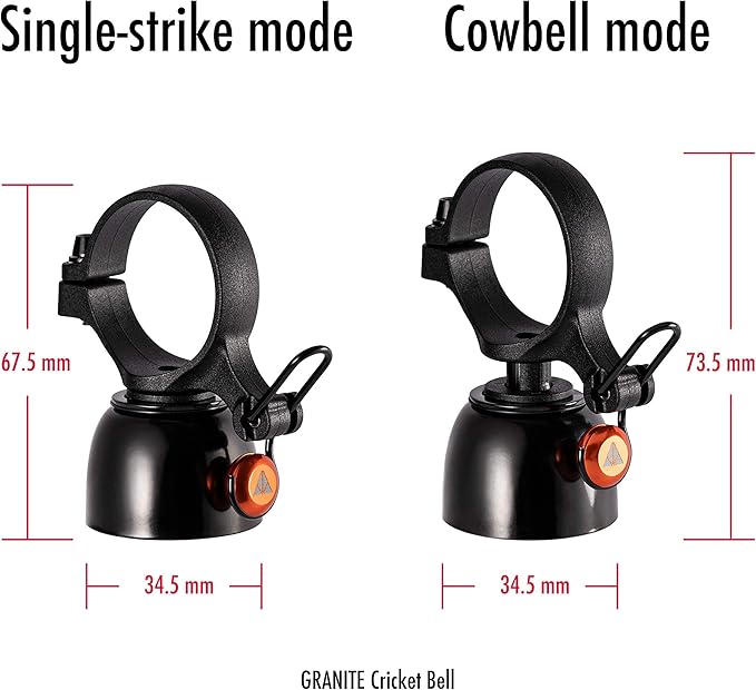 Granite Cricket Mountain Bike Bell with Single-Strike Mode and Constant Cowbell Mode, Bike Bell for Mountain Bike, BMX Bike, Road Bike and Gravel Bike, Bicycle Bell for 22.2mm to 35mm Handlebars