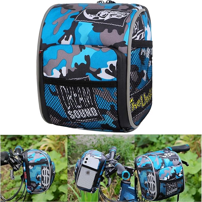 Camouflage Handlebar Bag, Water-Resistant Bike Front Bag, Large Capacity Blue Camo Bike Handlebar Bag for MTB and Road Bikes, Compact Front Storage 7" x 6" / 19 x 14 cm