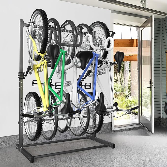 WALMANN Freestanding Bike Stand for Garage, 5 Bikes Vertical Bike Storage Stand Heavy Duty Bike Floor Stand, Holds Up to 70 lbs/Hook