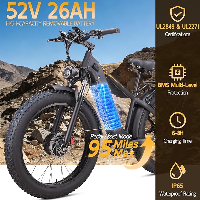 Peak 8000W Dual Motor Ebike for Adults - Fast Electric Bike 50MPH,Up to 95Miles Long Range Ebikes,Adjustable Stem,Men Electric Mountain Bike ,26" Fat Tire Electric Bicycle for Off-Road Commuter