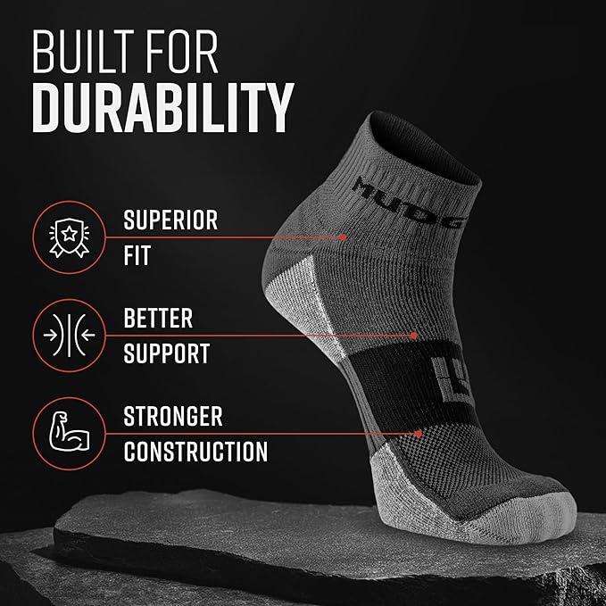 MudGear Quarter Crew Trail Socks, Blister-Resistant, Sweat-Resistant & Quick-Drying, Cushioned Footbed, Made in USA, 2-Pack
