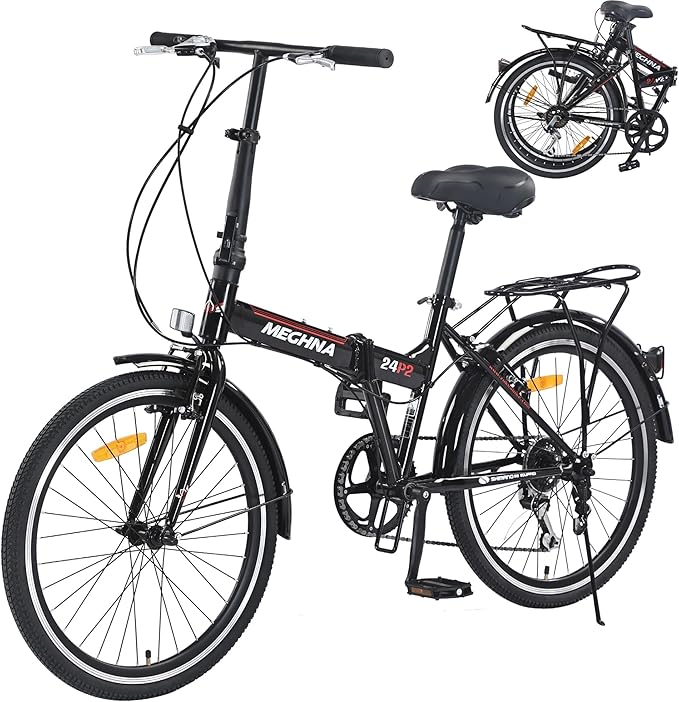 Folding City Commuter Bike for Adults, 24 Inch Bike 7 Speed Transmission System & Double V-Brakes Steel Light Weight Frame, Rear Carry Rack, for Men and WomenTeen, Quick Assembly in 20 Minutes