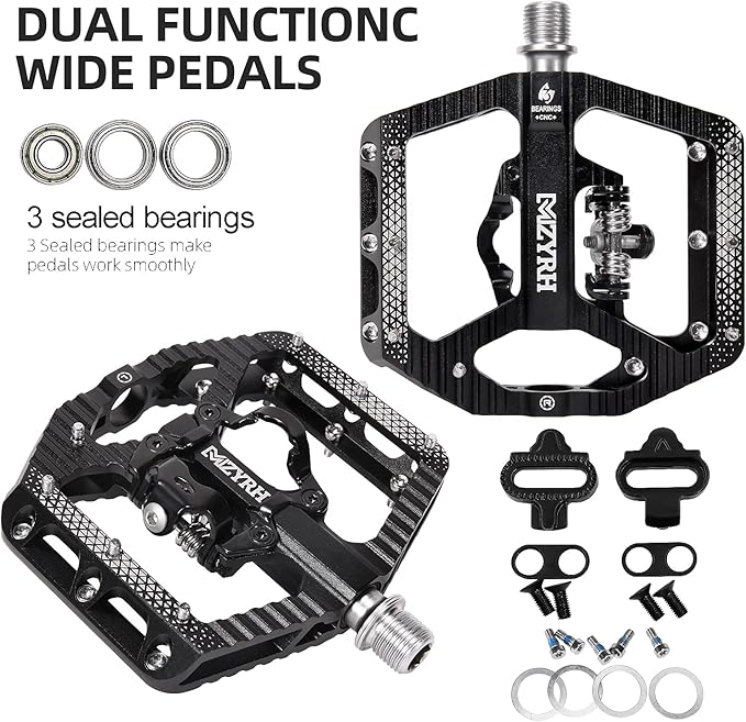 MZYRH MTB Mountain Bike Pedals 3 Bearing Flat Platform Compatible with SPD,Dual Function Sealed Clipless Aluminum 9/16" Pedals with Cleats for Road