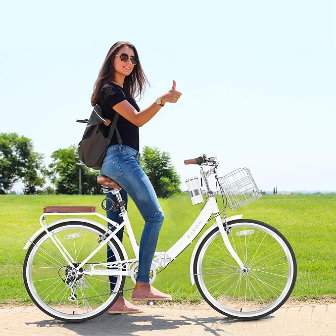 24/26 Inch Foldable Beach Cruiser Bike for Womens, 7 Speed Womens Bike with Basket and Coffee Cup, Commuting Bicycles for Women, Lightweight Complete Cruiser Bikes Bicycle for Ladies Adults