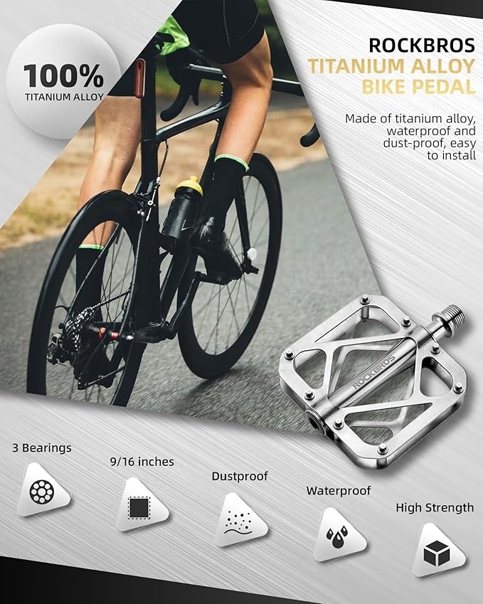 ROCKBROS Titanium Alloy Bike Pedals Mountain Bike Pedals 3-Bearing Sealed Bicycle Pedals MTB Pedals Platform, 250g Lightweight, Pedals for MTB, BMX, Down Hill, All Mountain