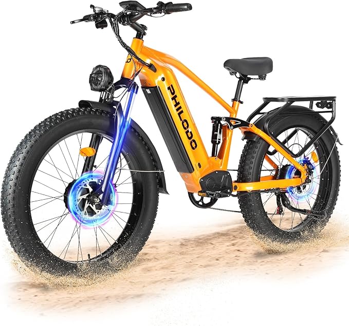 PHILODO Electric-Bike for Adults, Dual-Motor-Ebike Hunting-Ebike 5000W, 60V 32AH Long Range Dirtbike, Fat-Tire-Electric-Bicycle, Full Suspension for Off-Road Snow Sand
