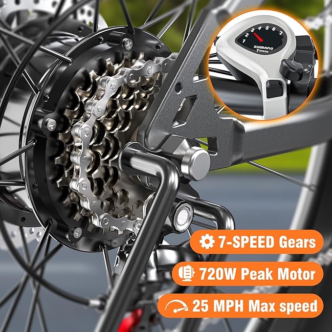 Electric Bike for Adults, 26" Commuter Ebikes with 5-Level Pedal Assist & 7 Speed Gears, 25MPH, 720W Motor, 375Wh Battery, 50 Miles, Lockable Suspension Fork, Lightweight Electric Mountain Bicycles.