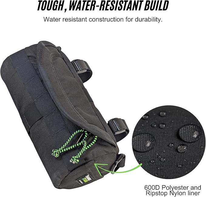 Handlebar Bag (Black & Green Burrito) | 2 Liter Capacity | Spacious Bike Bag w/ 2 Extra Long Buckle Straps & 1 Hook-and-Loop Strap | Water Resistant Front Basket | Bike Accessories | Made in USA