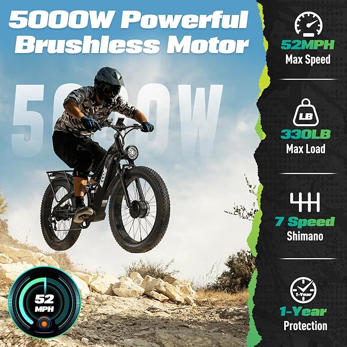 EcoE 5000W Dual Motor Electric Bike for Adults 52MPH with Charge Voltage 63V Battery, 26x4 Fat Tire All Terrain Ebikes, Full Suspension E Bike, SHM 7-Speed Gear Electric Bicycle -z-4