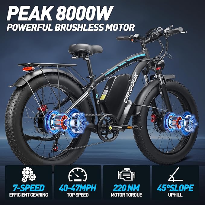 Peak 8000W 58V Max Output Dual Motor Ebike 40-47MPH Electric Bike for Adults 36AH Battery 105 Miles Range 24 Inch Fat Tire Commuter Mountain Dirt Electric Bicycles for All Terrain