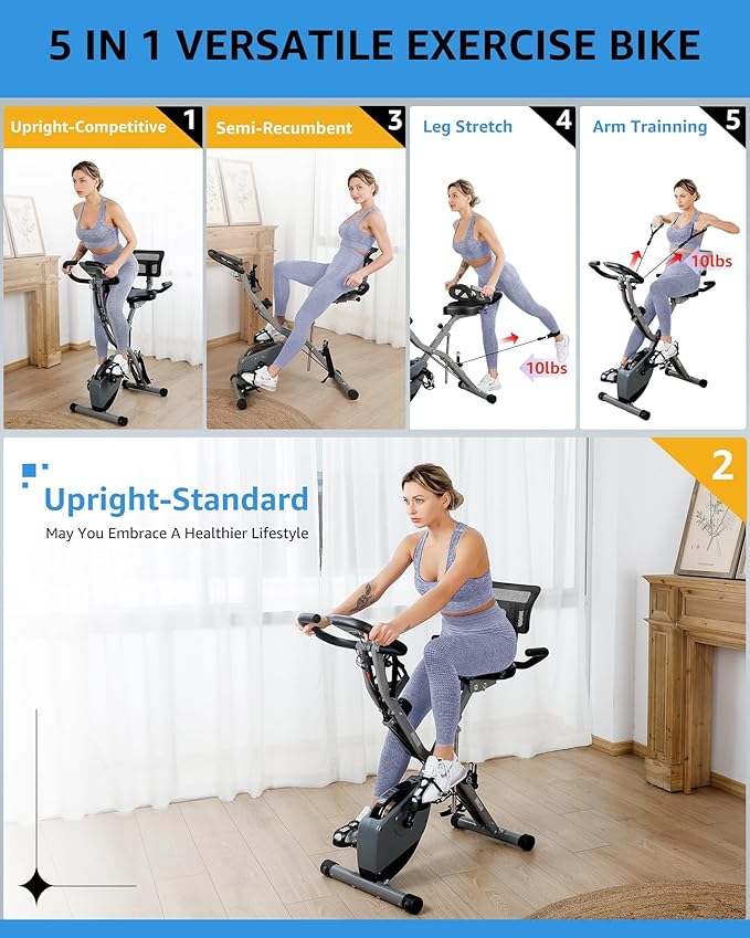 Folding Exercise Bike for Seniors, 5 IN 1 Foldable Stationary Bike with Tri-Position Ride, 300LBS Capacity and 6.6 LBS Magnetic Flywheel, Designed for Home Workout