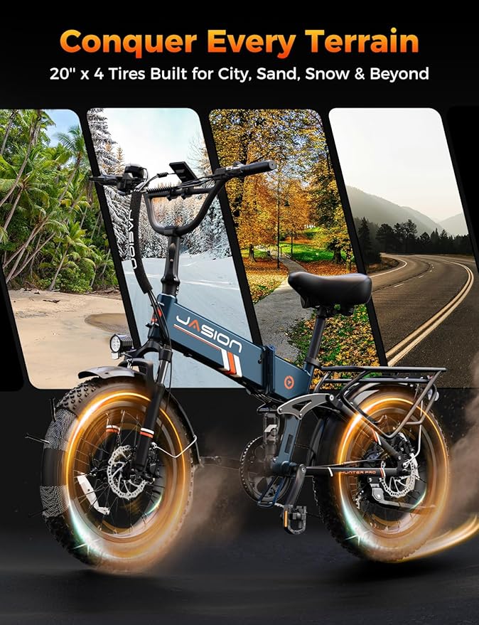 Jasion X Hunter/PRO Electric Bike for Adults,1800W/1400W Peak 20''Fat Tire Foldable Ebike,Folding E Bike Up to 80/70 Miles Range,720/624WH Removable Battery,30 MPH E Bike,Certified by UL2849