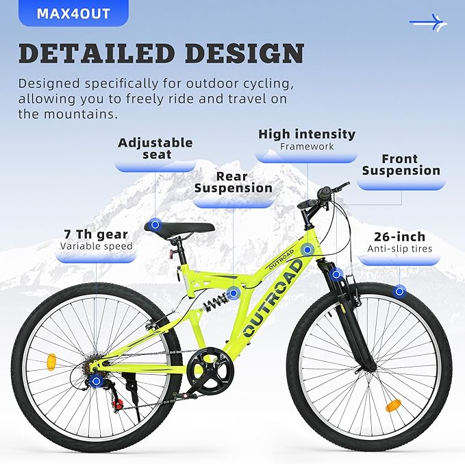 26 inch Mountain Bike Dual Full Suspension, Outdoor Hybrid Bikes,7-Speed/High-Carbon Steel, for Men Women Adult, MTB Bicycle with Suspension Fork,Sleek Colors
