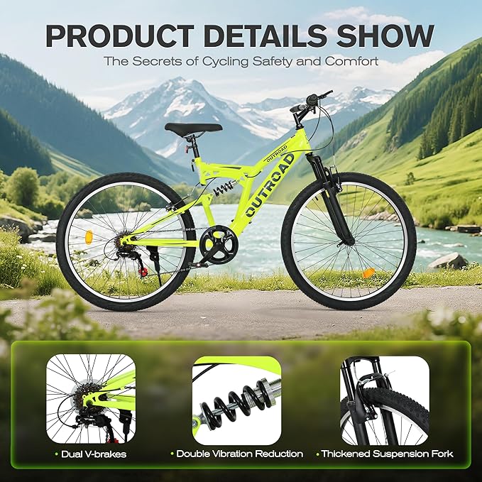 Mountain Bike for Adult Men Women, 26 Inch 7 Speed Mountian Bicycle with Dual Full Suspension, Dual V Brake MTB Bicycle, Multiple Colors