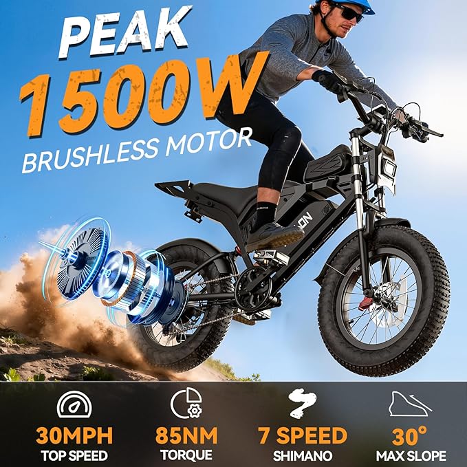 Ebikes for Adults, 1500/2000W Peak Motor with 30/38MPH, 15/20/18/23Ah Long Range Teens Electric Bike with Dual Hydraulic Brakes, 20" Fat Tire All-Terrain for Commuting Dirt E-Bicycles