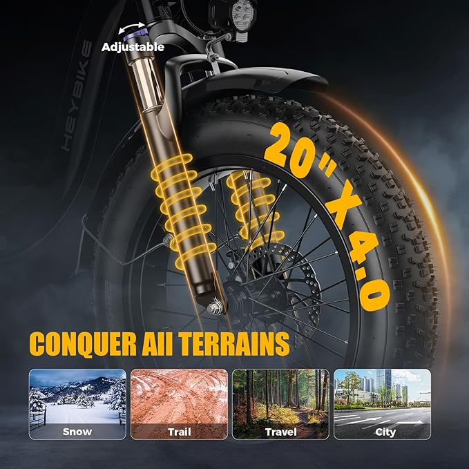 Heybike Ranger 2.0 Foldable Electric Bike for Adults, 20"×4 Fat Tire Ebike with 1400W Peak Motor, 28 MPH Max Speed, 600Wh Removable Battery, Up to 65 Miles Range, Front Suspension Step-Thru E Bike