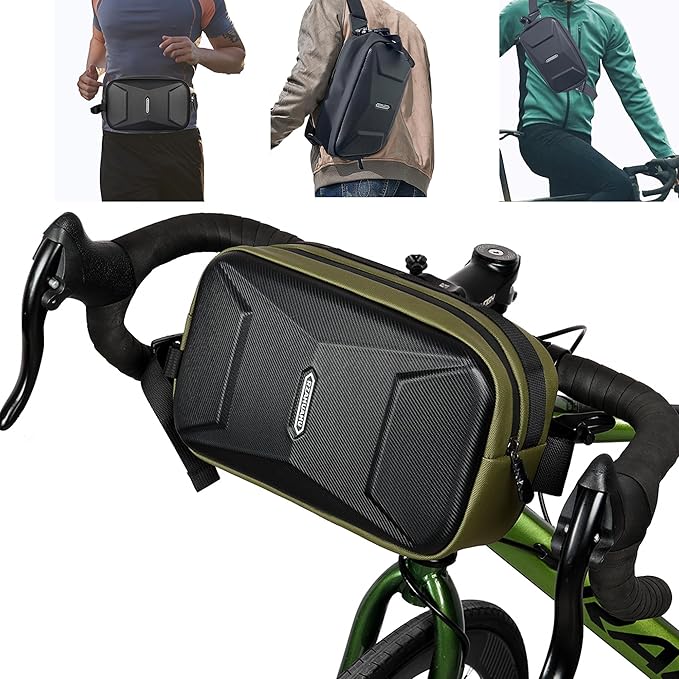 Bike Handlebar Bag, EVA Waterproof Bike Front Bag, 3.2L Bicycle Frame Storage Bag Waist Shoulder Bag, Bike Pouch for Road Mountain Bicycle Cycling Travel Hiking(Green)