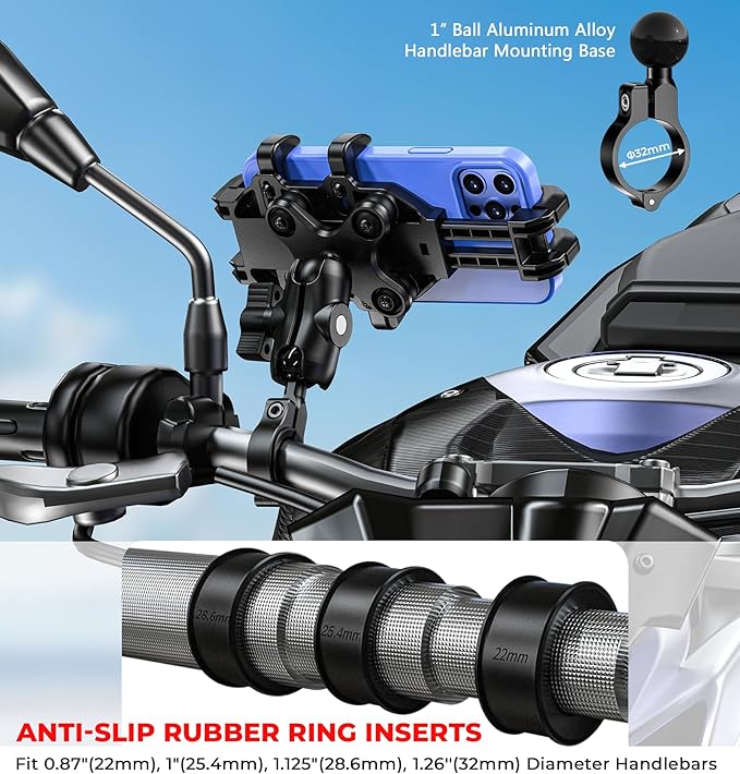 Motorcycle Phone Mount with Vibration Dampener, Anti-Shake Bike Phone Holder with Aluminum Alloy Handlebar Clamp, One-Handed Operation Motorcycle Cellphone Mount Fit for 5.4"-7.2" Smartphone