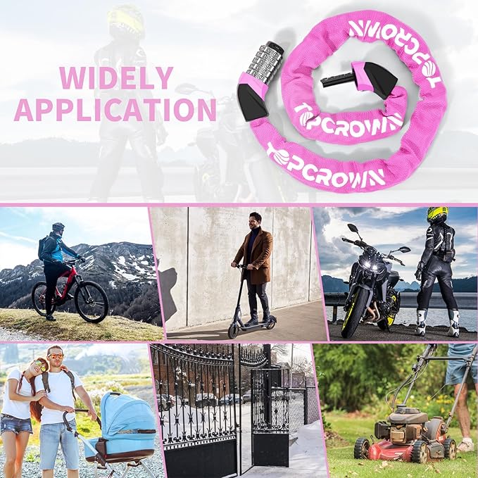 Bike Chain Lock Upgrade Metal Digital Dials 3.2Ft Long High Security Heavy Duty Anti Theft, 5 Digit Combination Keyless Bicycle Lock for Bike/Electric Scooter/Ebike/Motorcycle(Pink)
