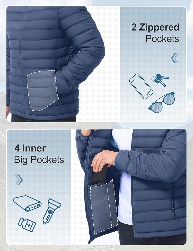 Men's Lightweight Packable Puffer Jacket Insulated Warm Winter Jackets Puffy Coat for Ski Hiking Travel
