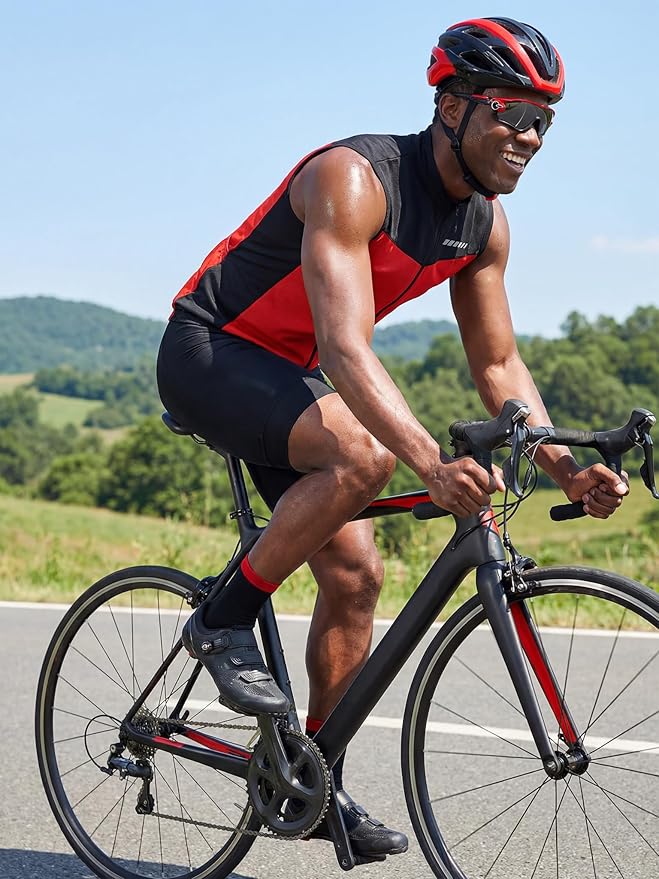 qualidyne Men's Sleeveless Cycling Jersey, Full Zip, Quick-Dry Moisture-Wicking Knit, 3 Rear Pockets, Reflective Details