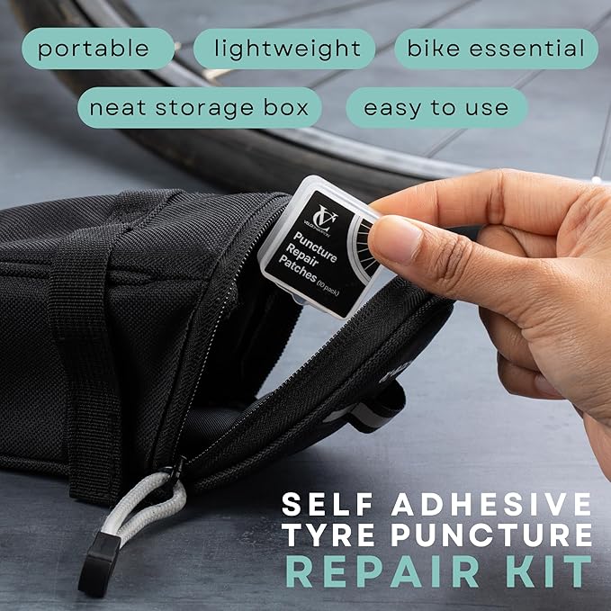 VeloChampion Puncture Repair Kit | Self-Adhesive Bike Tyre Patches for Road, MTB, BMX, Ebike| Travel Size Bicycle Puncture Repair Kit | 6, 10 or 40 Pack + Optional Tyre Levers
