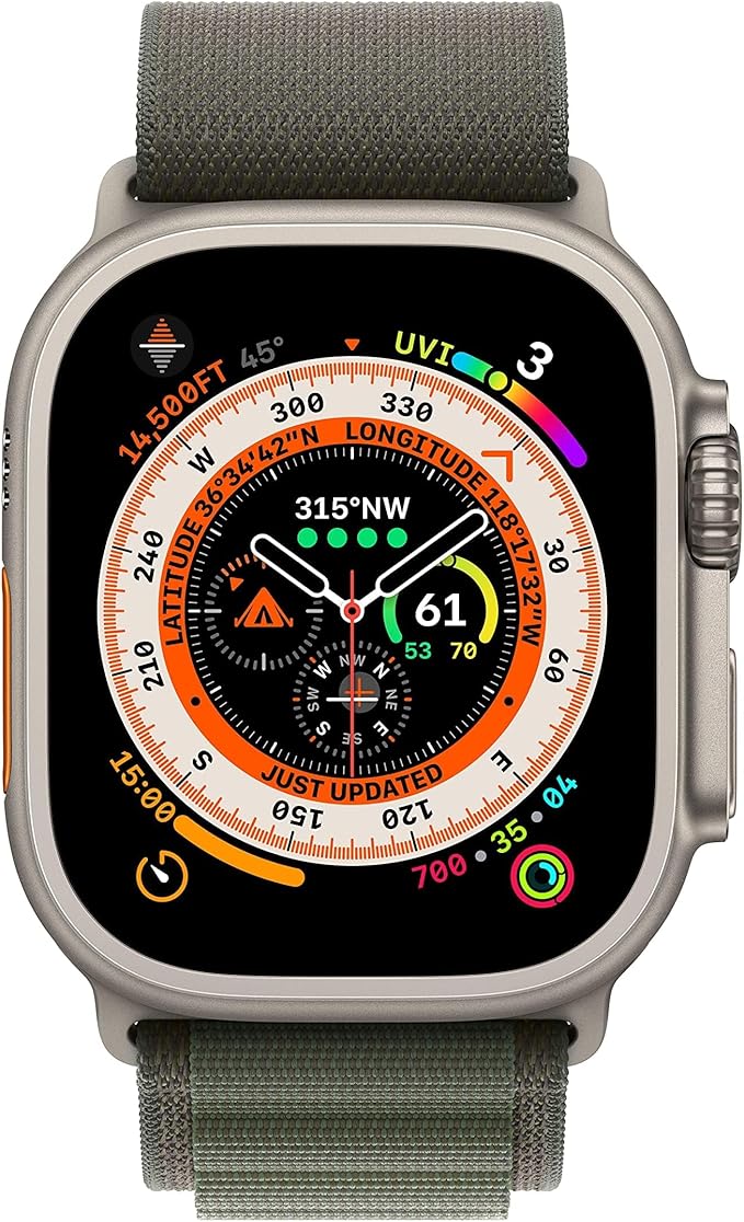 Apple Watch Ultra [GPS + Cellular 49mm] Titanium Case with Green Alpine Loop, Small (Renewed)