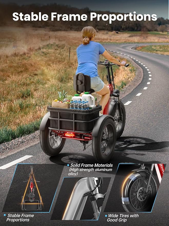 Electric Trike for Adult with 48V 17.4AH Cells Battery, 60 Miles Range, 960W Peak Motor, Pickup Class 500 LB Load Electric Tricycle with 20" Fat Tire and Large Basket for City and Mountain Road, Husky