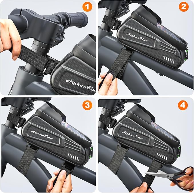 Bike Phone Holder Bag - Waterproof Hard Case Large Capacity Top Tube Front Frame Bicycle Pouch Cycling Mount, Bike Accessories, TPU Touch-Screen & Sun-Visor (Green ZIpper)