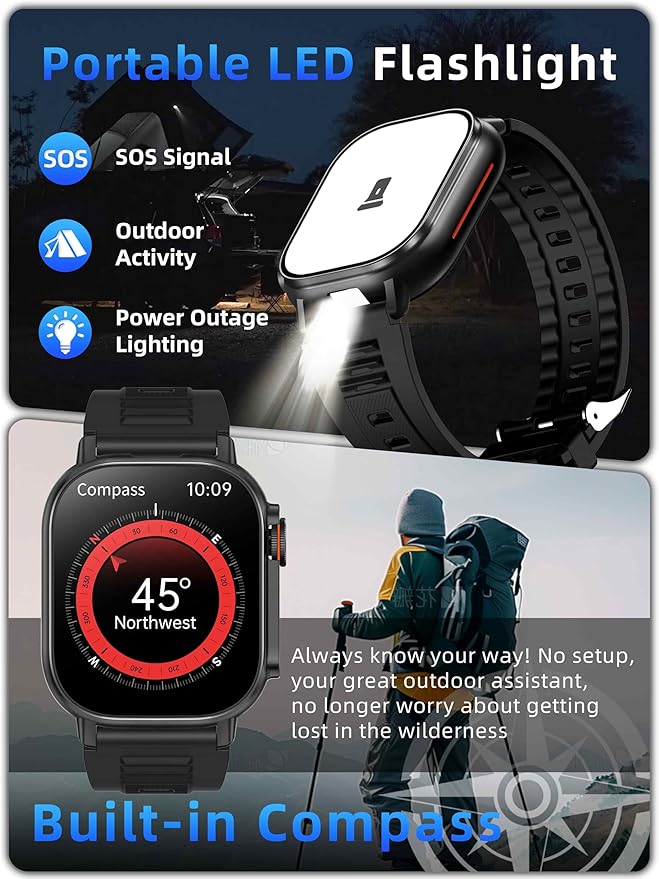 KPEP Military Watches for Men (2 Straps), 2.01" Fitness Tracker Watch with LED Flashlight, 100 Days Battery, Compass, SpO2 Heart Rate Monitor, Sleep Tracking, Reminders, Military Watch for iOS Android