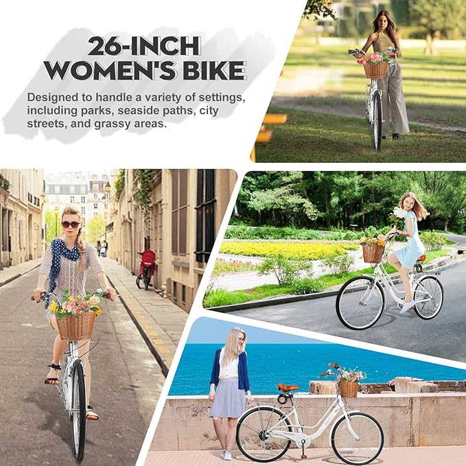 26 Inch Women Beach Cruiser Bike, 7 Speed Hybrid Cruiser Bike with Adjustable Seat, Beach Cruiser Commute Bike with Lightweight, Anti-Skid Tires & V-Brakes for Women (White)