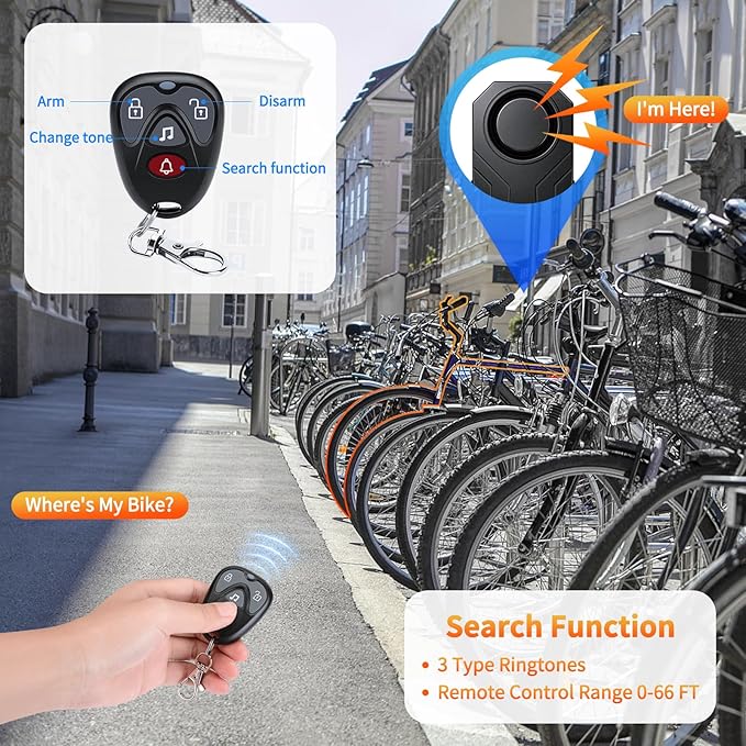 WSDCAM Wireless Bike Alarm with Remote, Rechargeable 113dB Loud Bicycle Alarm System Anti Theft, IP65 Waterproof, Bike Alarms for E-Bikes, Motorcycles, Scooter, Outdoor Riding and Cycling Safety