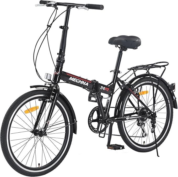 24 Inch Folding Bike for Adults, 7 Speed City Bicycle with Steel Frame, Front and Rear V Brakes for Commuting and Outdoor Riding,Black