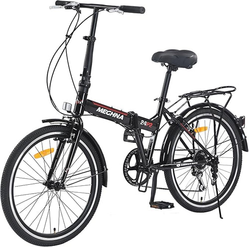 24 Inch Folding Bike for Adults, 7 Speed City Bicycle with Steel Frame, Front and Rear V Brakes for Commuting and Outdoor Riding,Black