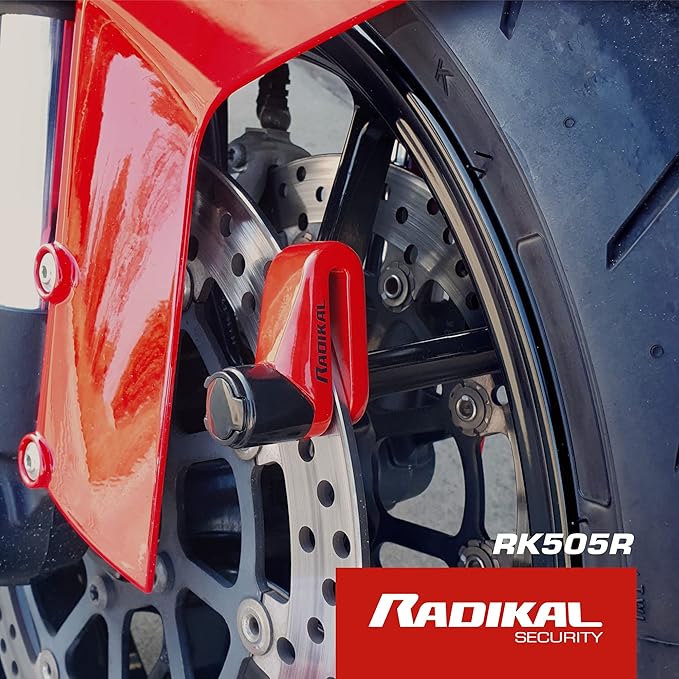 RADIKAL RK505R Disc Lock, More Compact, Lightweight and Portable, Highly Deterrent Red Color, 5.5mm Steel Locking Pin, Universal Anti Theft Wheel Brake Lock for Motorcycle Scooter Electric Bike