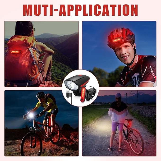 Hanaive 4 Sets Bright LED Bike Light Set USB Rechargeable Bicycle Front Headlight Back Taillight Waterproof Bicycle Light Cycling Accessories for Men Women Night Road Mountain Riding