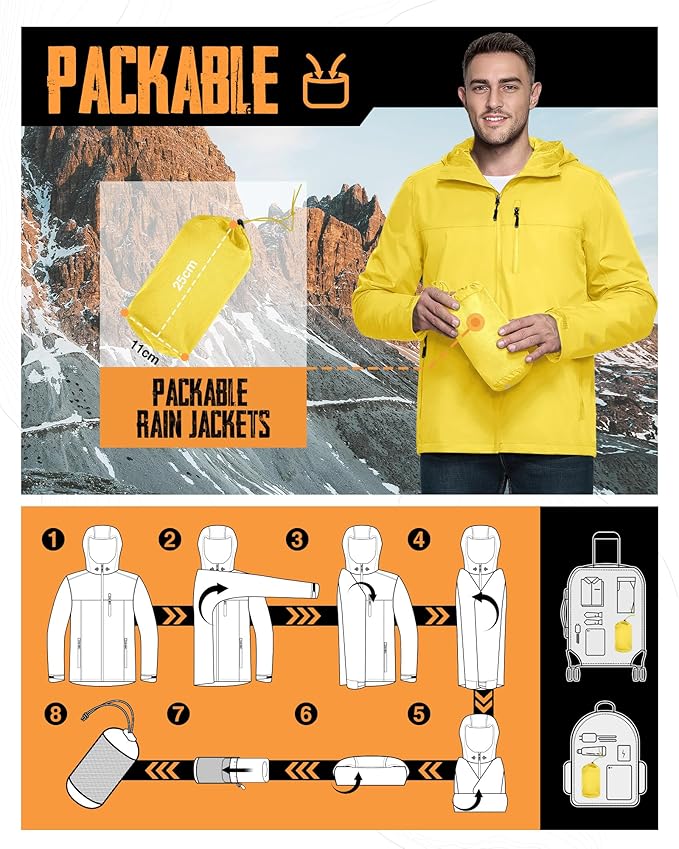 33,000ft Men's Packable Rain Jacket Lightweight Rain Shell Jacket with Hood Waterproof Raincoat for Cycling