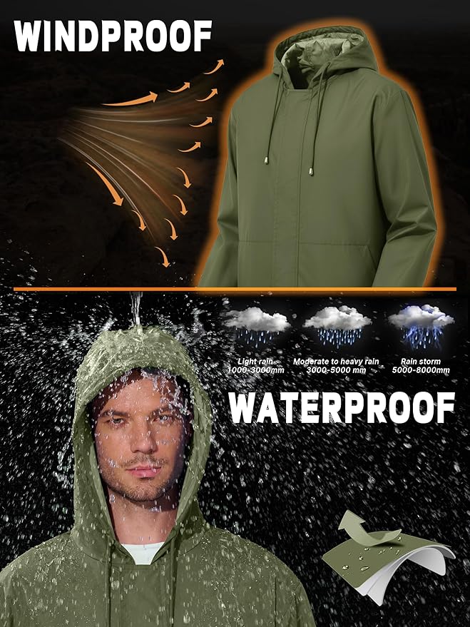 Men's Rain Jacket Waterproof Windbreaker Raincoat Cycling Running Hiking Golf Travel Gear Hood Lightweight Packable