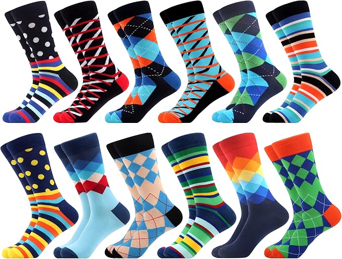 WeciBor Men's Dress Funny Crazy Colorful Novelty Combed Cotton Crew Socks 12 Pack - Size 7-10/10-13/13-15