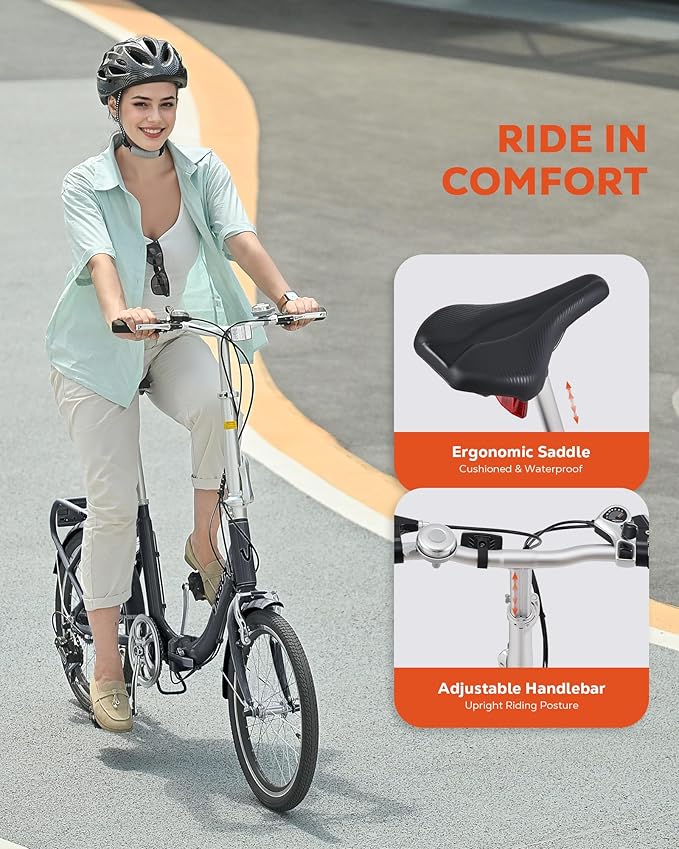 VIRIBUS Folding Bike, 20 inch Lightweight Foldable Bike for Adults 7 Speed with Aluminum Frame, Basket & Rear Rack, Step Through Collapsible Bike for Women Men Seniors City Commuter