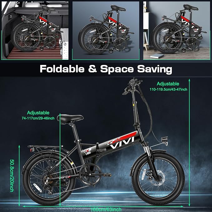 Vivi Folding Electric Bike for Adults, 20" x 2.4 Fat Tire Ebike, Peak 1000W Foldable Electric Bicycle, 22MPH Commuter E-Bike with 48V Removable Battery, 7 Speed, SGS Certified to UL2849