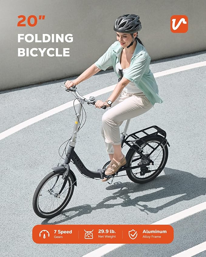 VIRIBUS Folding Bike, 20 inch Lightweight Foldable Bike for Adults 7 Speed with Aluminum Frame, Basket & Rear Rack, Step Through Collapsible Bike for Women Men Seniors City Commuter