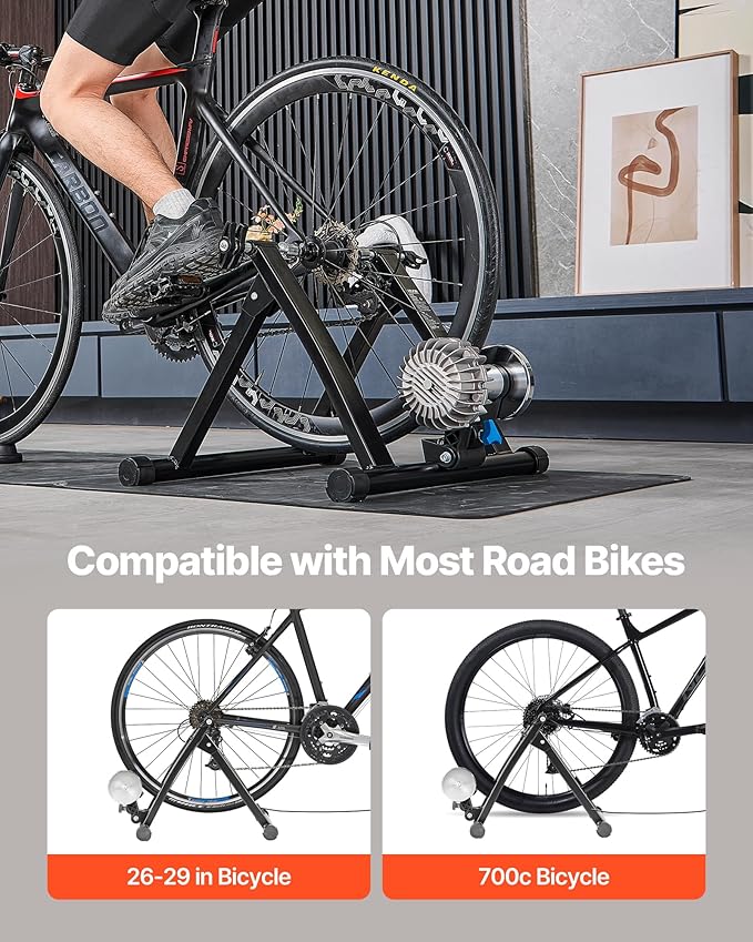 VEVOR Bike Trainer, 26-29 Inch & 700C Wheels, Foldable Fluid Bicycle Stationary Trainer Stand for Indoor Exercise Riding with Quick Release Skewer & Front Wheel Riser Block, Fits Road Bikes, Black