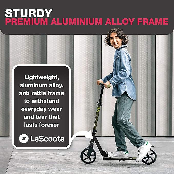 LaScoota Kick Scooter for Kids Ages 6+, Teens & Adults, Large 8" Sturdy Urethane Wheels. Adjustable Handlebar, Lightweight, Foldable, 220lbs Max Load
