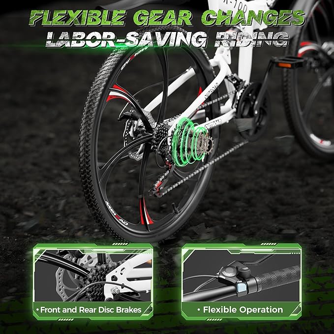 26 Inch Adult Folding Mountain Bike, 21 Speed Foldable Bicycle with Full Suspension, High Carbon Steel Frame, Folding Bikes for Men/Women/Teen, Dual Disc Brake