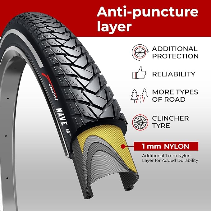 Fincci Pair 700x35c Tire 37-622 Foldable 60 TPI City Commuter Tires with Nylon Protection for Cycle Road Mountain MTB Hybrid Touring Electric Bike Bicycle - Pack of 2X 700 x 35c Tires Nave