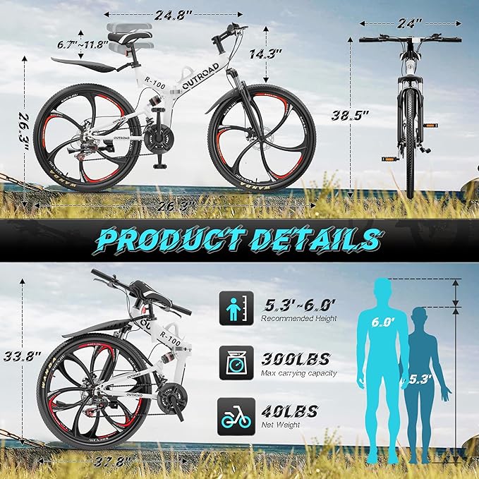 26" Foldable MTB – 21-Speed Full Suspension, High-Carbon Steel Frame, Dual Disc Brakes & Quick-Release Tires – Adults & Teens (Multiple Colors)