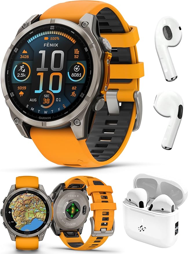 PlayBetter Garmin Fenix 8 AMOLED Sapphire (47mm, Titanium/Spark Orange) Multisport GPS Smartwatch Bundle - 1.4” Touchscreen, Built-in LED Flashlight Wireless Running Earbuds