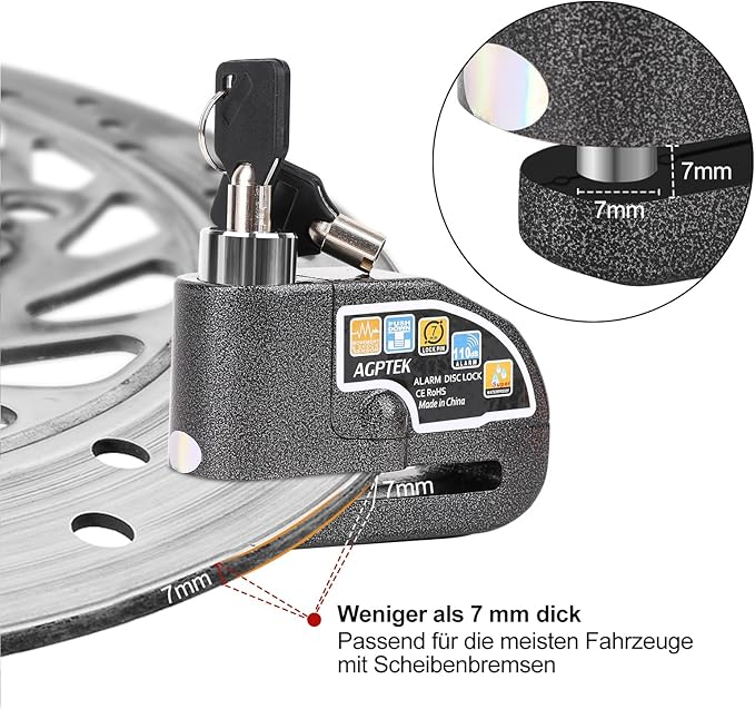 AGPTEK 110dB Motorcycle Brake Lock with 5FT Reminder Cable, Anti-Theft Padlock Waterproof with Lock Pin Carrying Bag for Motorcycle Bike Scooter, Black