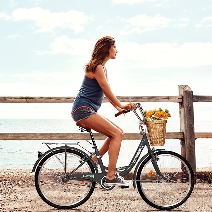 Betterland Beach Cruiser Bike for Women, 24/26 inch Hybrid Bike with Adjustable Seat, Womens Bike with Front Basket and Dual V-Brake, Step Through Comfort Bicycle for City Commuter